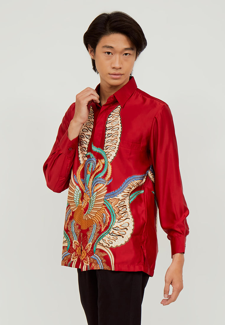 Woffi Man Kemeja Batik Narmada Silk Long Print Furing Merah