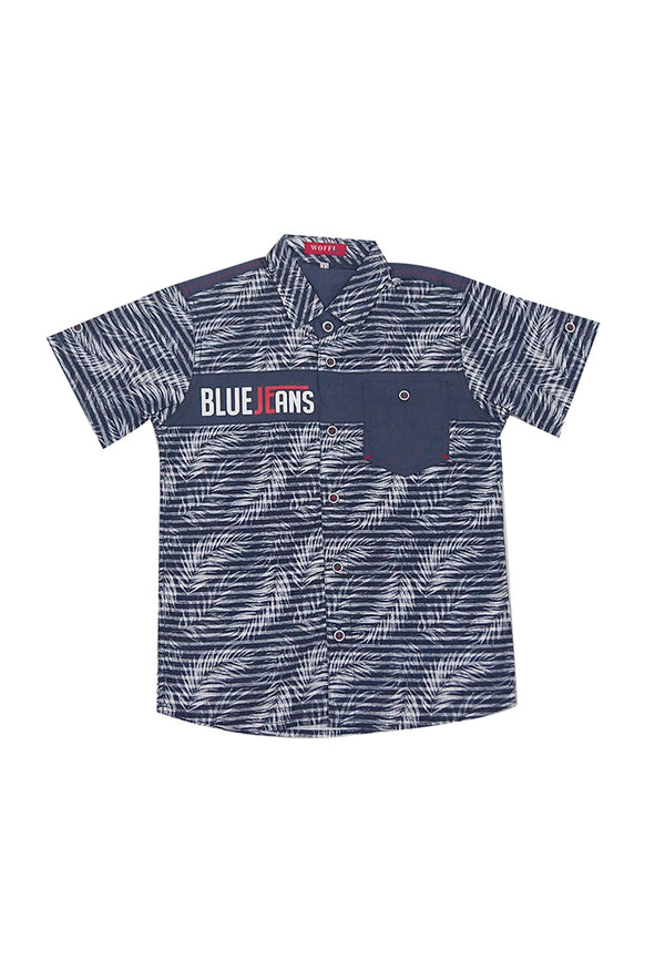 Kemeja Katun Anak Laki-Laki Leaf Print Blue Jeans Biru