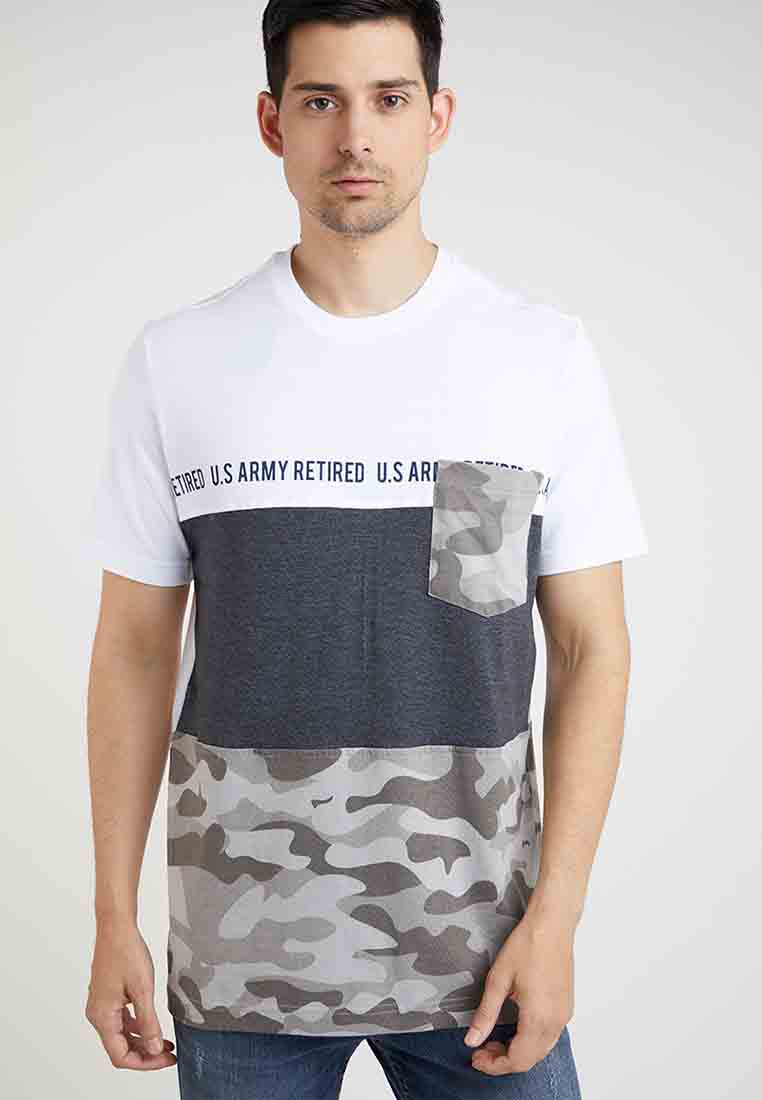 Woffi Man Kaos Camo Army Henley T-Shirt Abu-abu