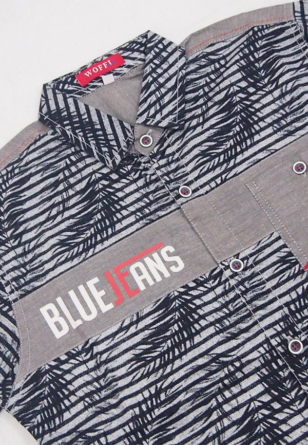 Kemeja Katun Anak Laki-Laki Leaf Print Blue Jeans Hitam