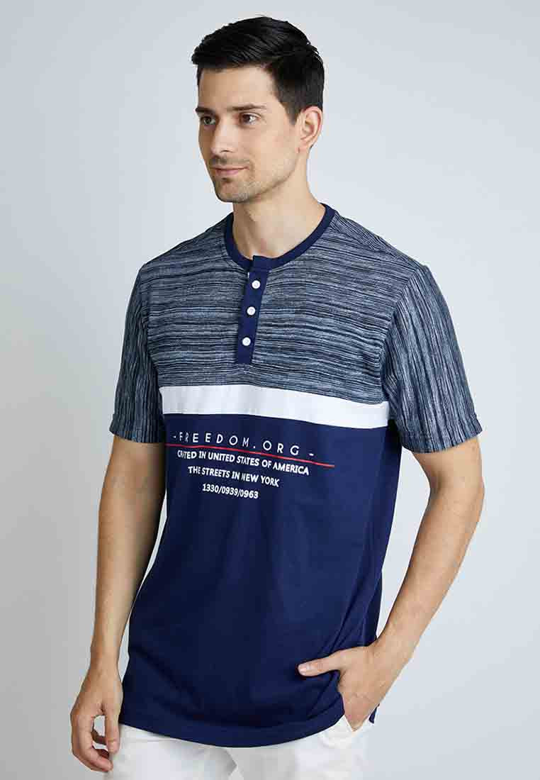 Woffi Man Kaos Freedom Stripes Henley T-Shirt Biru
