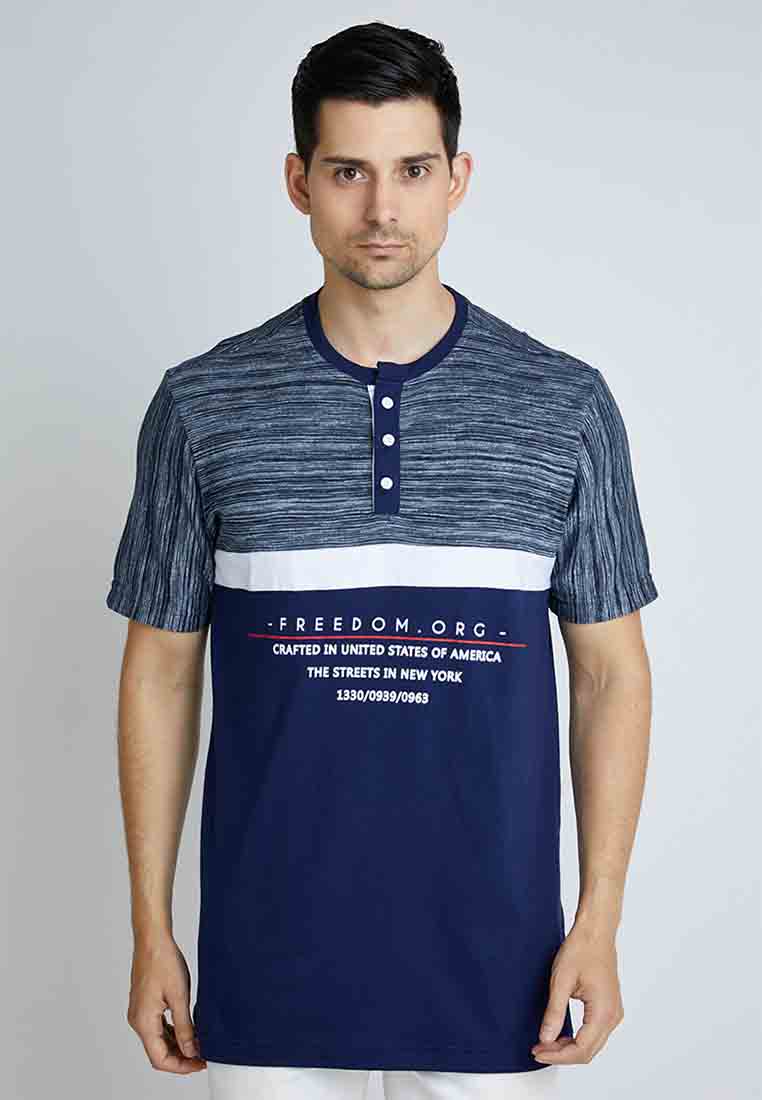 Woffi Man Kaos Freedom Stripes Henley T-Shirt Biru