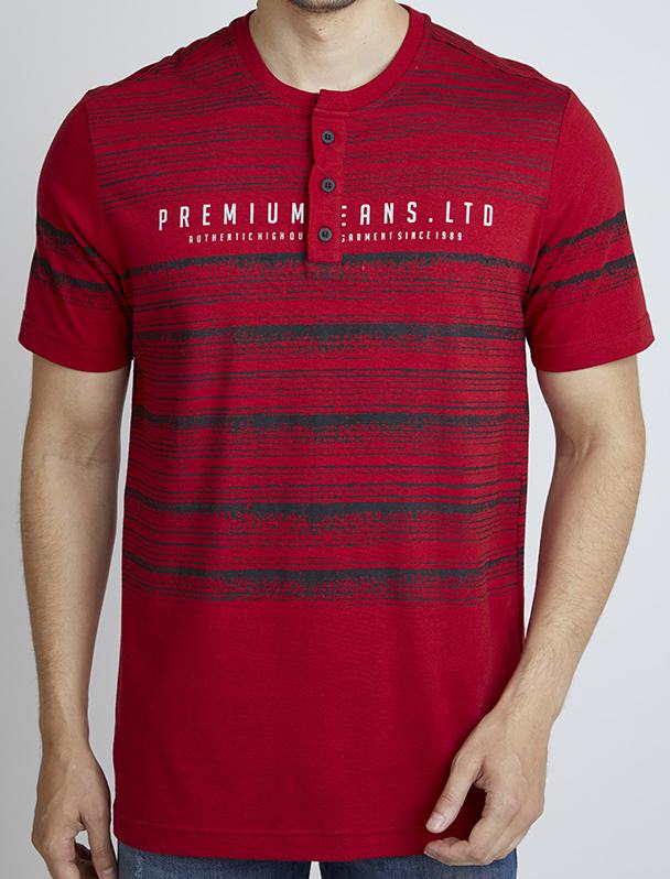 Woffi Man Kaos Abstract Stripes Henley T-Shirt Merah
