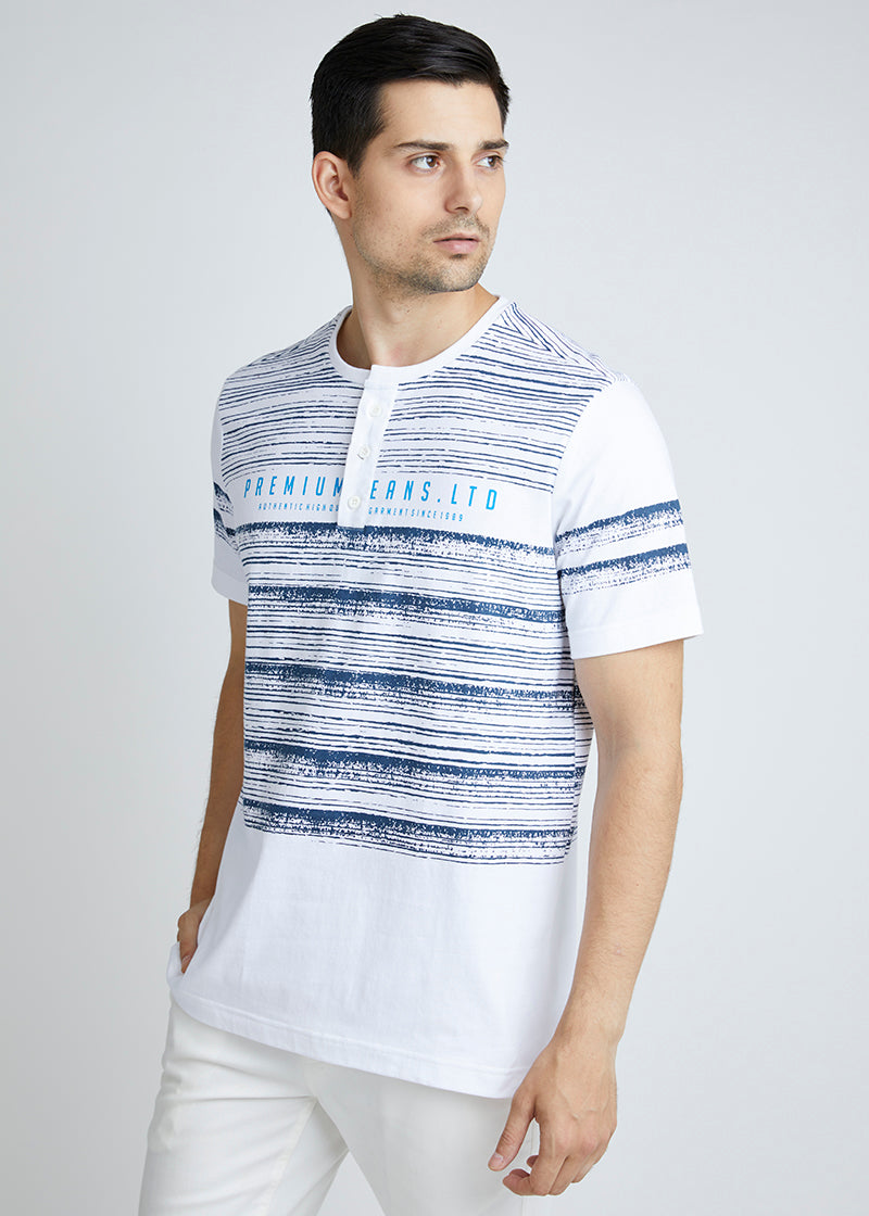 Woffi Man Kaos Abstract Stripes Henley T-Shirt Putih