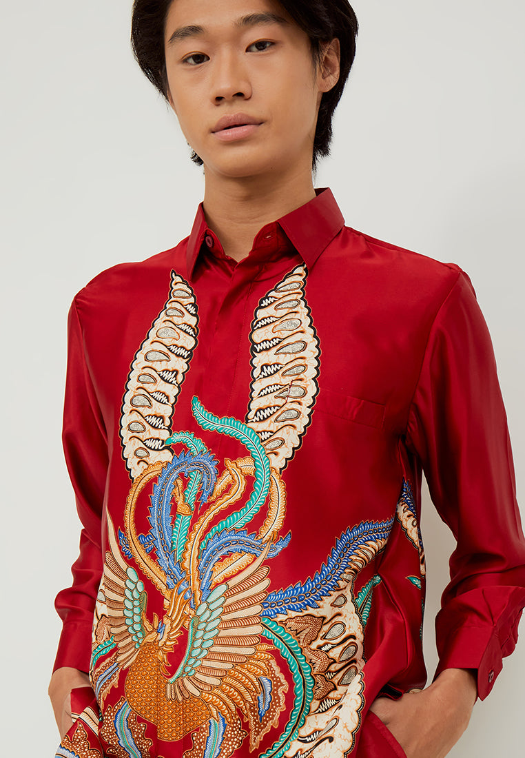 Woffi Man Kemeja Batik Narmada Silk Long Print Furing Merah