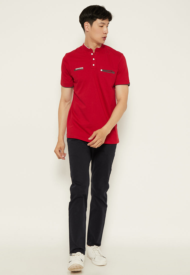 Woffi Man Kaos Denim Brand Henley T-Shirt Merah