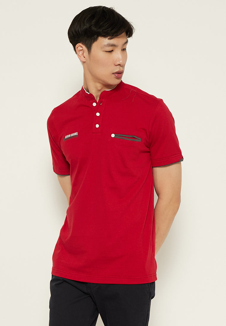 Woffi Man Kaos Denim Brand Henley T-Shirt Merah