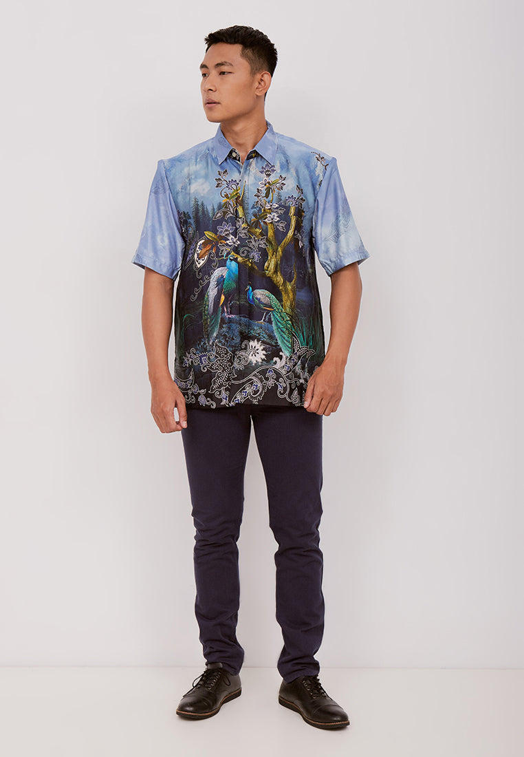 Woffi Man Batik Nalesha Silk Print Shirt Biru