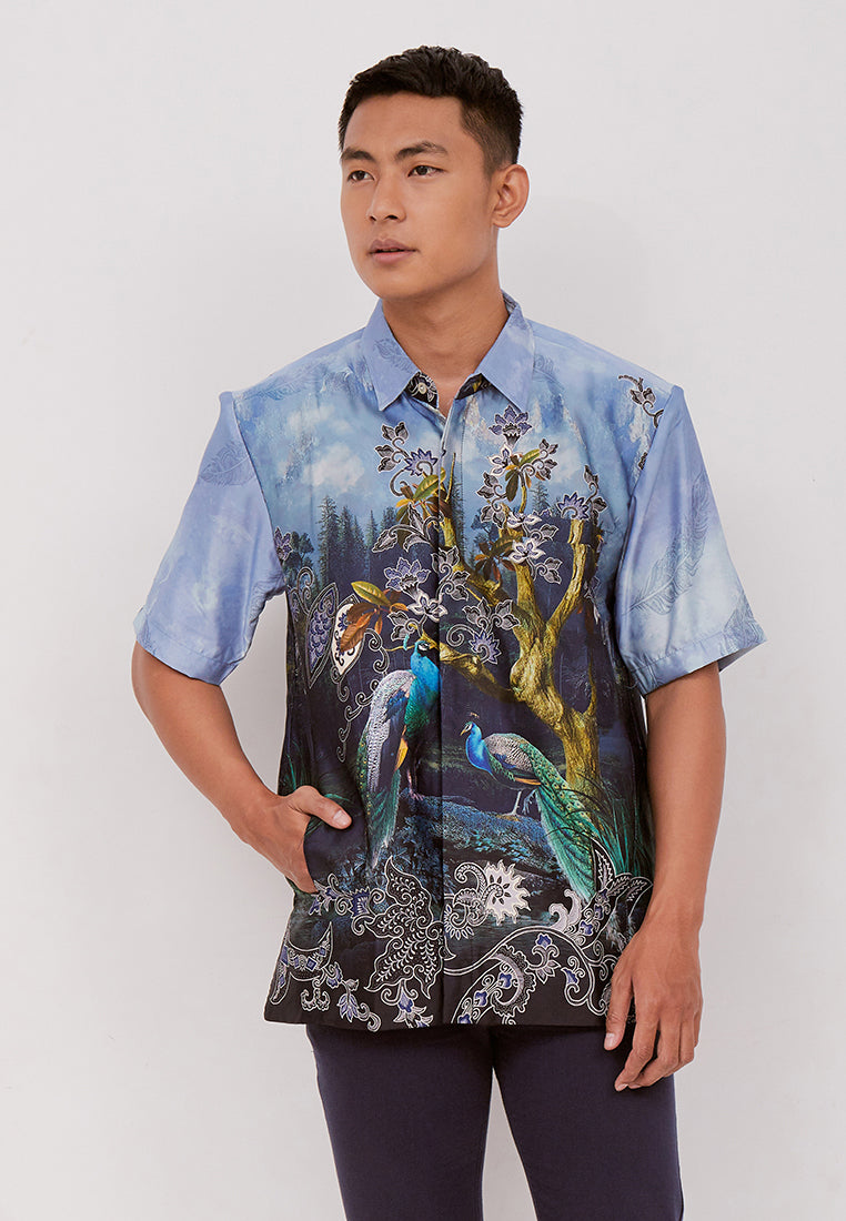 Woffi Man Batik Nalesha Silk Print Shirt Biru