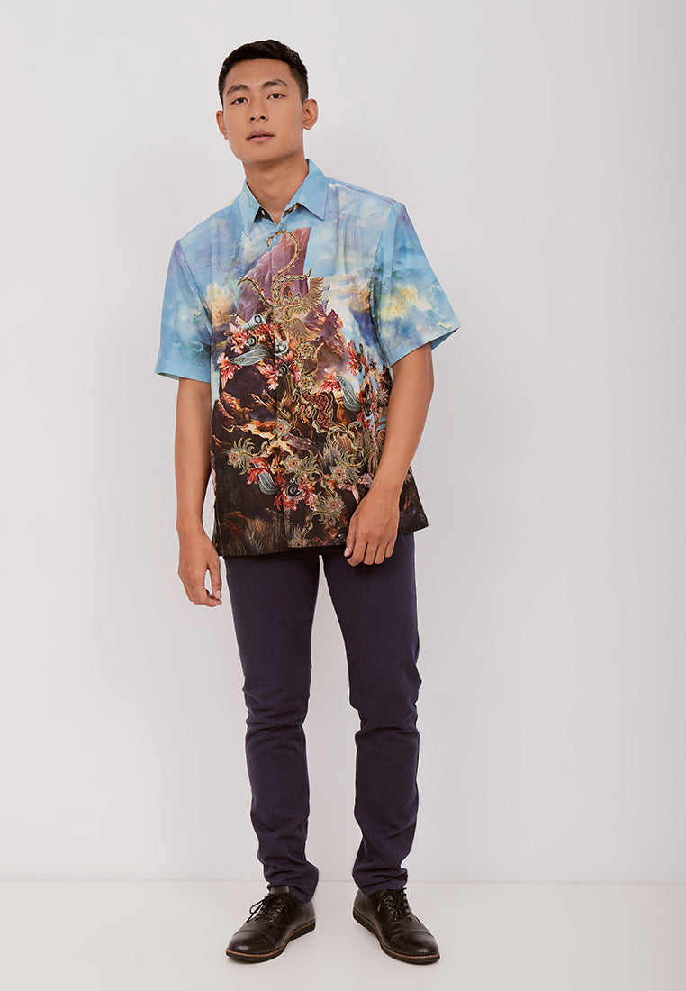 Woffi Man Batik Tanwira Silk Print Shirt Biru