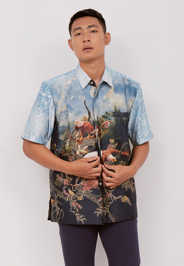 Woffi Man Batik Utkarsa Silk Print Shirt Biru