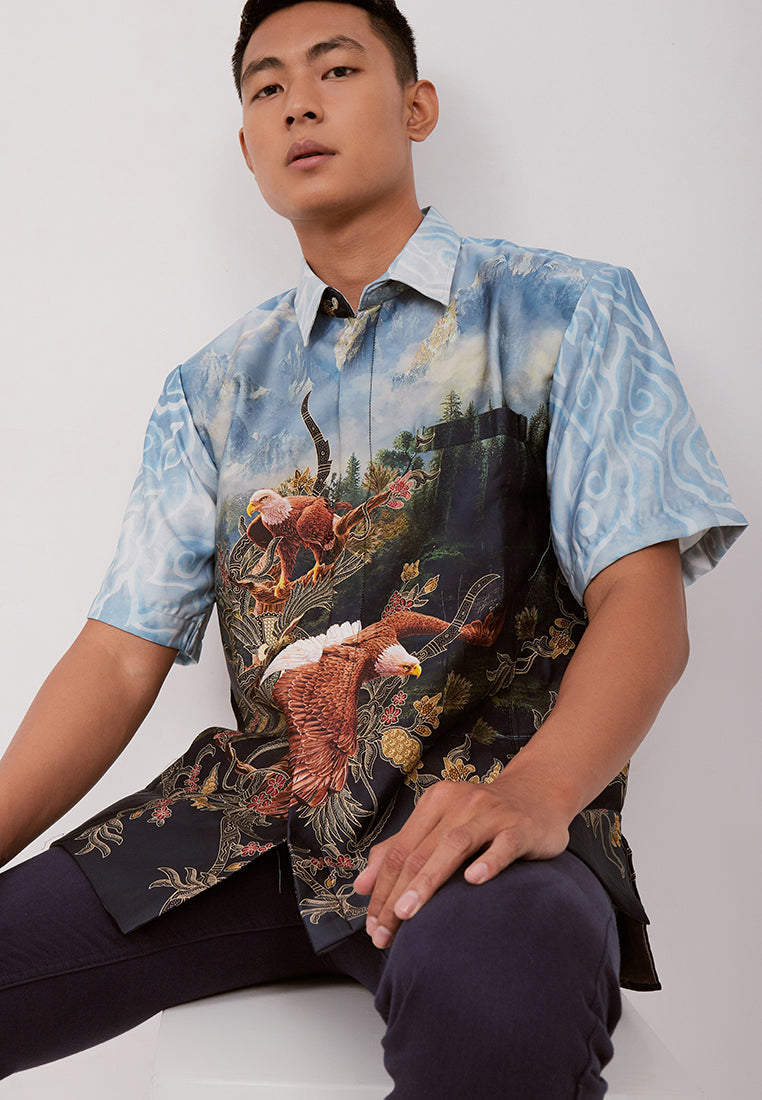 Woffi Man Batik Utkarsa Silk Print Shirt Biru