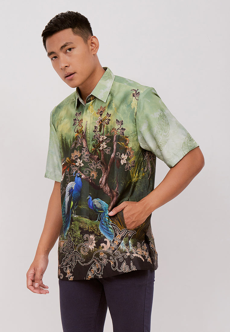 Woffi Man Batik Nalesha Silk Print Shirt Hijau