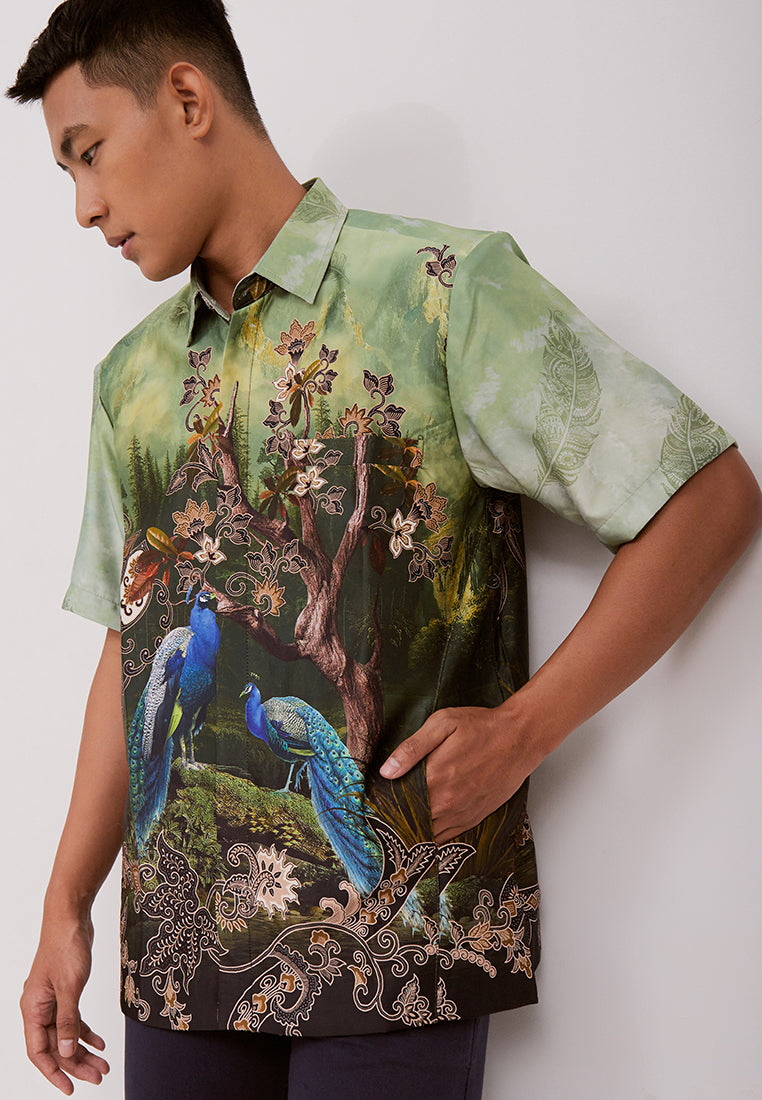 Woffi Man Batik Nalesha Silk Print Shirt Hijau