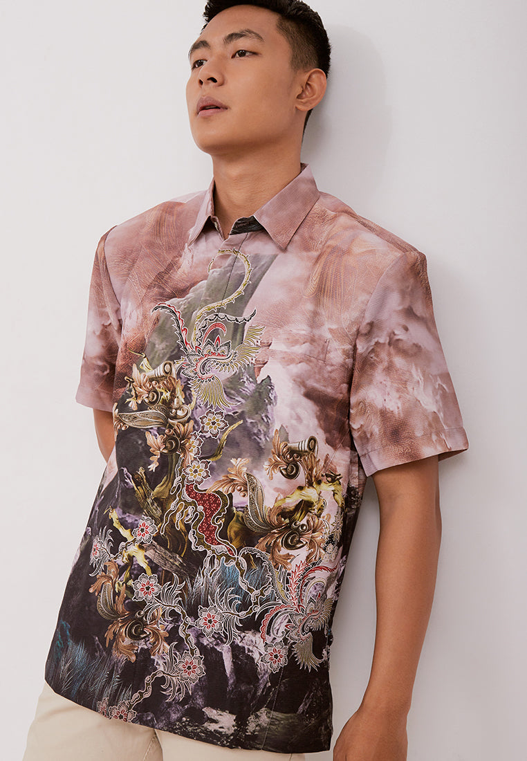 Woffi Man Batik Tanwira Silk Print Shirt Ungu