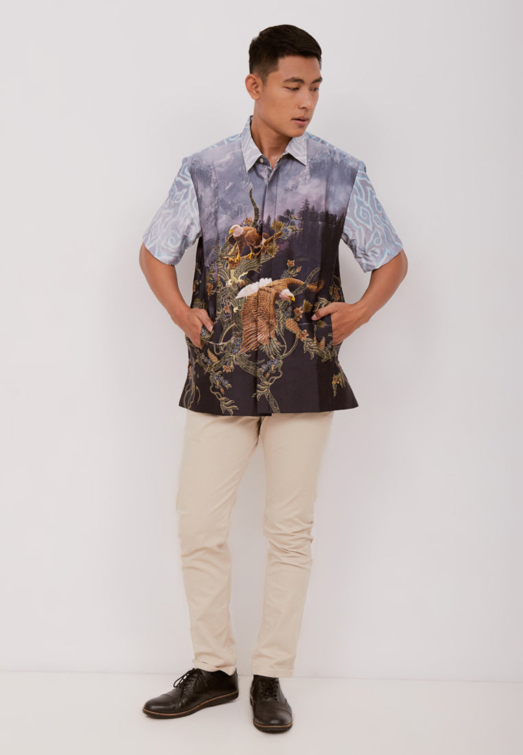 Woffi Man Batik Utkarsa Silk Print Shirt Ungu
