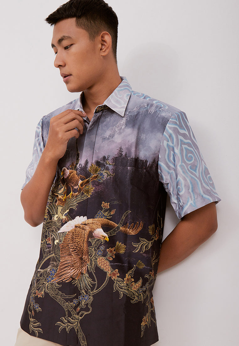 Woffi Man Batik Utkarsa Silk Print Shirt Ungu