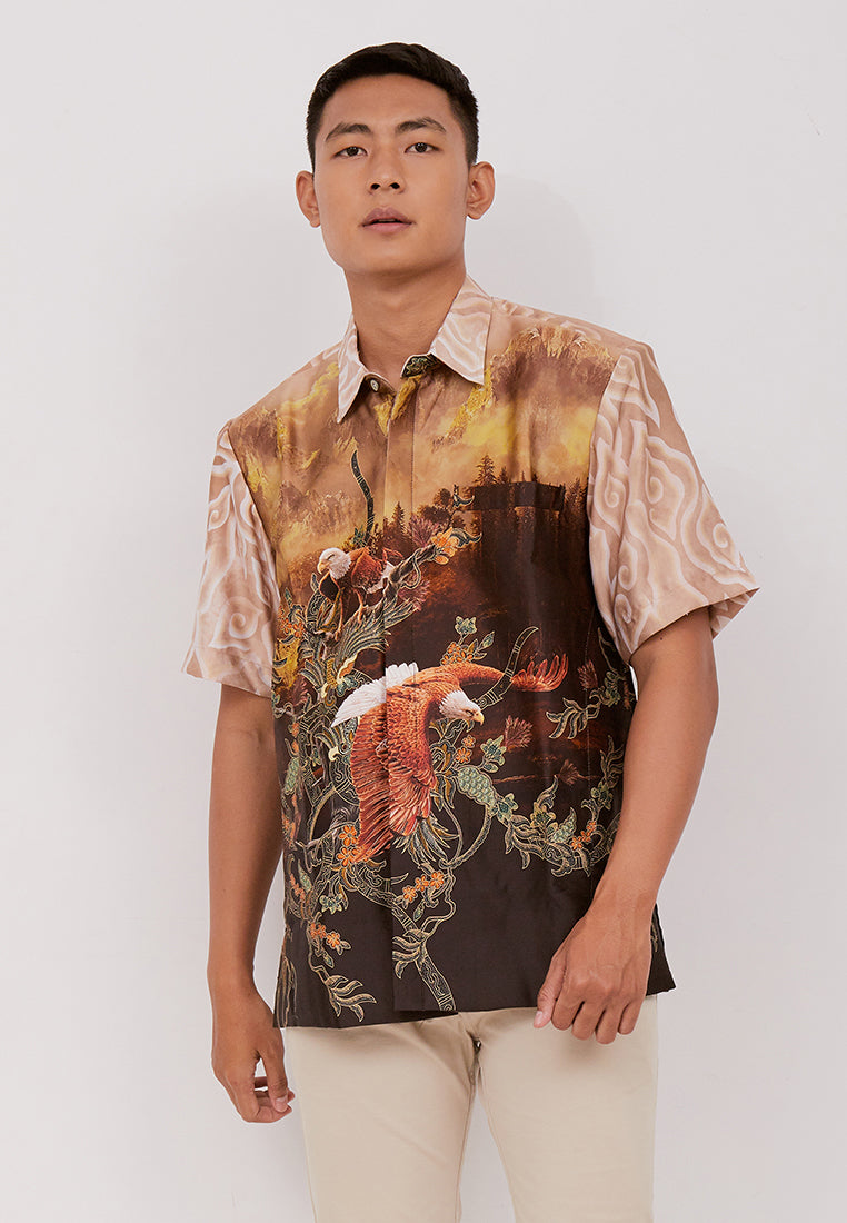 Woffi Man Batik Utkarsa Silk Print Shirt Coklat