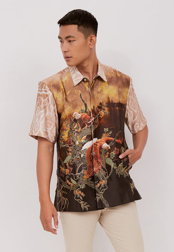 Woffi Man Batik Utkarsa Silk Print Shirt Coklat