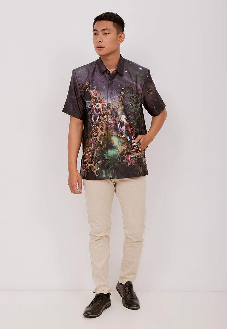 Woffi Man Batik Paramarta Silk Print Shirt Abu-abu