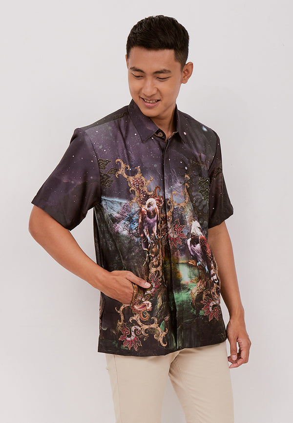Woffi Man Batik Paramarta Silk Print Shirt Abu-abu
