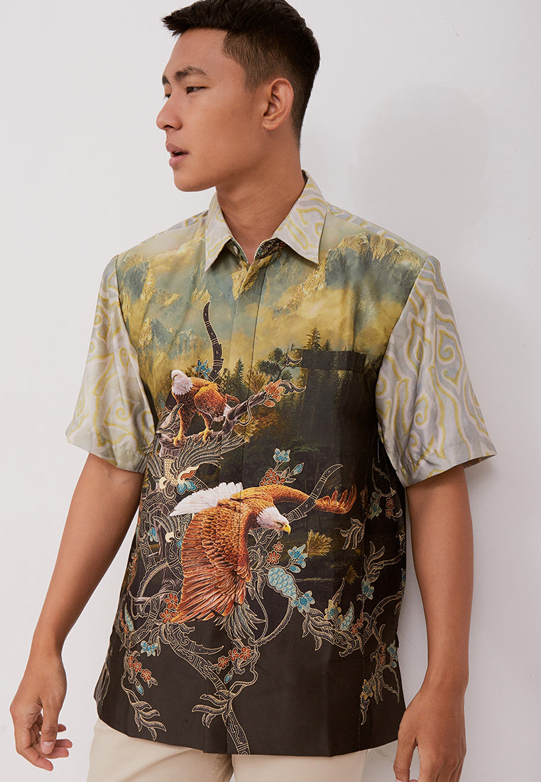 Woffi Man Batik Utkarsa Silk Print Shirt Hijau