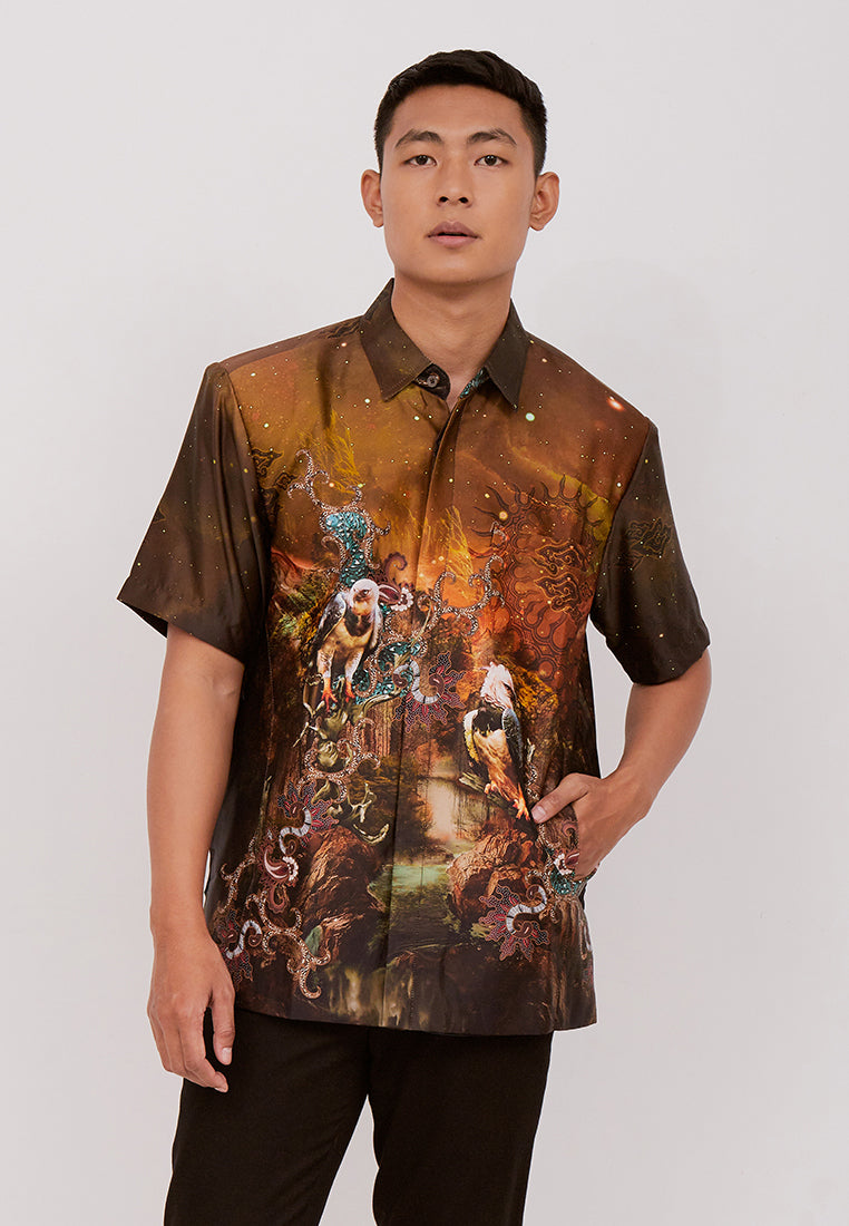 Woffi Man Batik Paramarta Silk Print Shirt Coklat