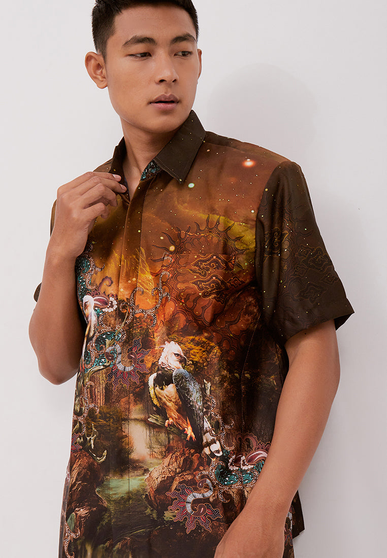 Woffi Man Batik Paramarta Silk Print Shirt Coklat