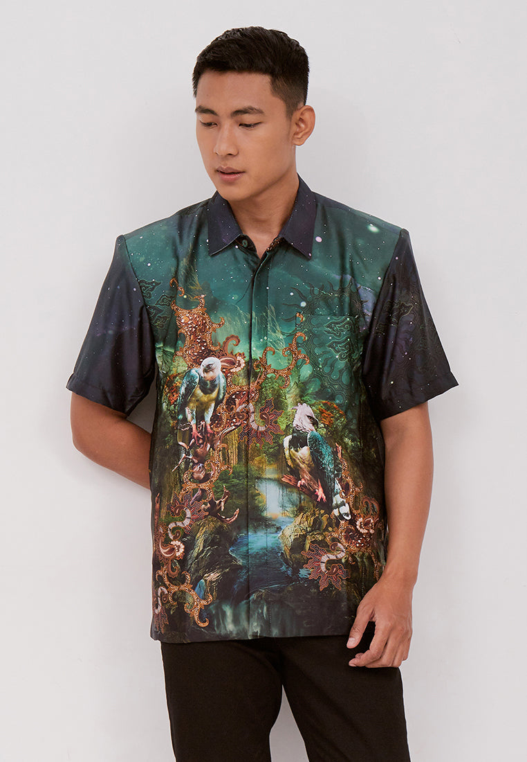 Woffi Man Batik Paramarta Silk Print Shirt Hijau