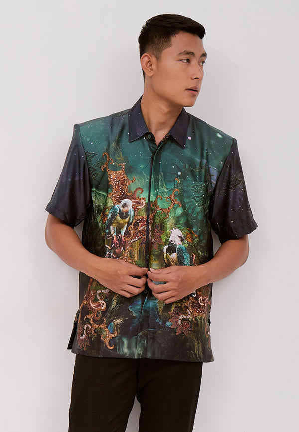 Woffi Man Batik Paramarta Silk Print Shirt Hijau