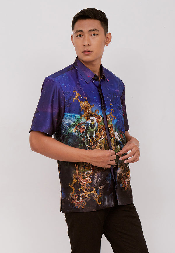 Woffi Man Batik Paramarta Silk Print Shirt Biru