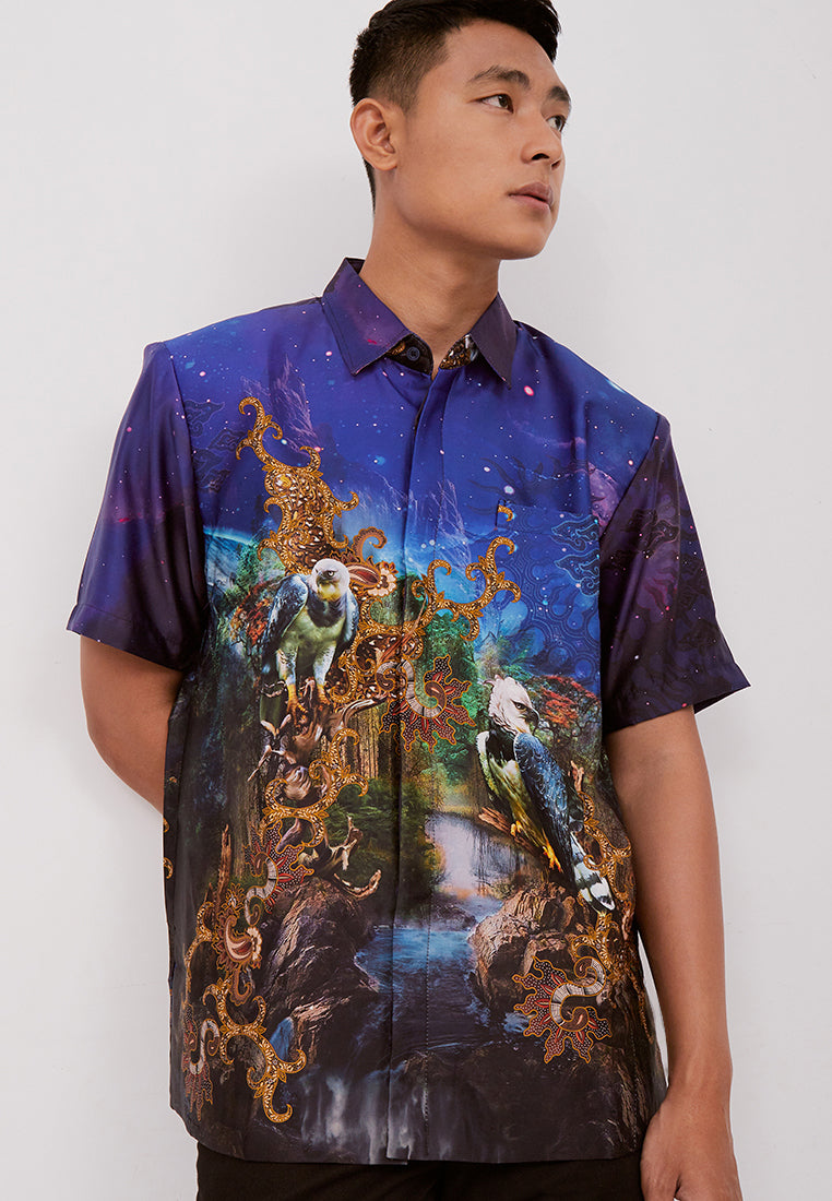 Woffi Man Batik Paramarta Silk Print Shirt Biru