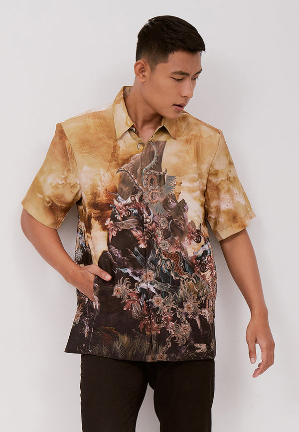 Woffi Man Batik Tanwira Silk Print Shirt Hijau