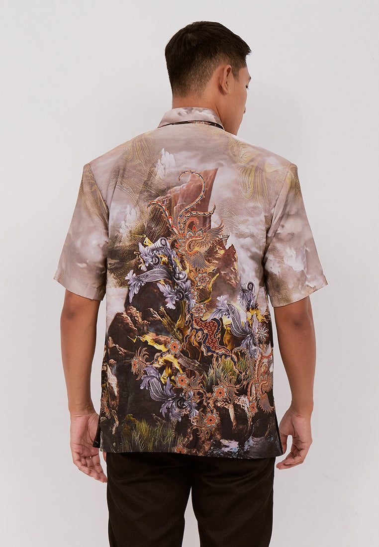 Woffi Man Batik Tanwira Silk Print Shirt Coklat