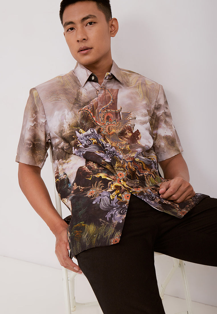Woffi Man Batik Tanwira Silk Print Shirt Coklat