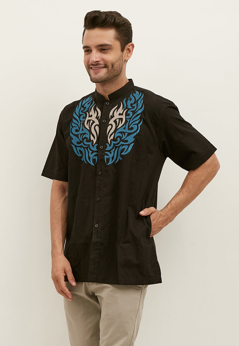 Woffi Baju Koko Tejen Cotton Moslem Shirt Hitam
