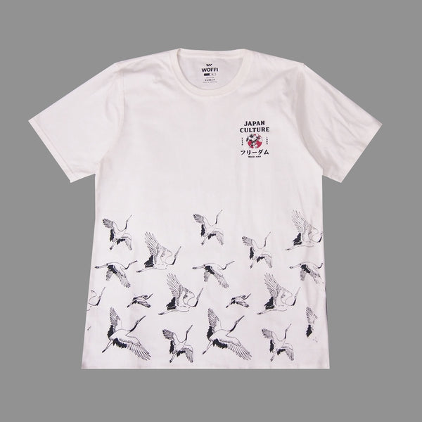 Woffi Man Kaos Pria - Reg Japan Crane Birds T-Shirt White