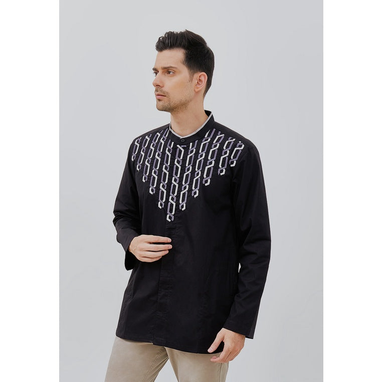 Woffi Man Baju Koko Pria - Abqary Cotton Moslem Shirt Long Black